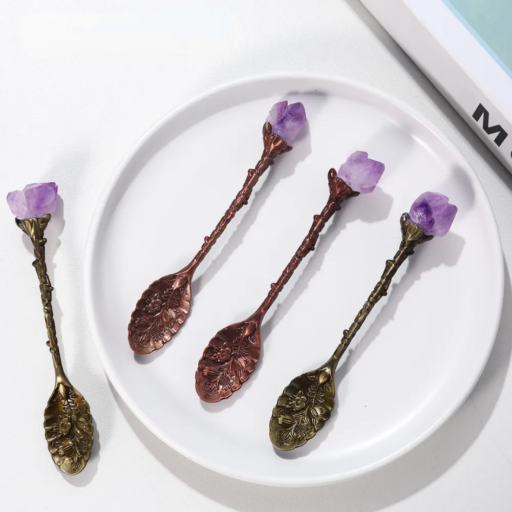 Ametistskedar Glass Dessertsked Kreativt matservis snidat blandningssked med långt handtag