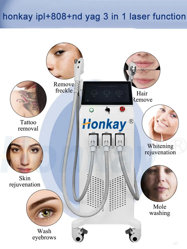 Aesthetic Salon Use 3 In 1 Fast Ipl Laser Hair Removal and Nd Yag Laser Tattoo Removal 808nm Diode Laser Permanent Hair Removal Machine Ipl laser nd yag laser 808nm diode laser hair removal machine - Honkay tattoo removal machine,ipl laser hair removal,nd yag laser,hair removal device,hair removal