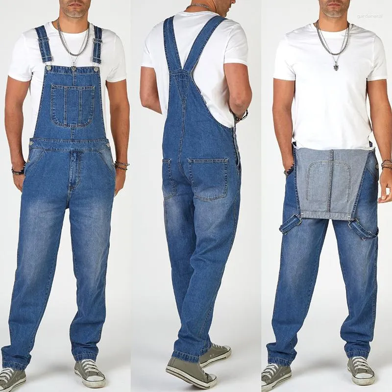 Herrjeans Vår sommar Herroveraller med fickmode Justerbara remmar Denim Jumpsuit Man Casual Lösa hängslen Cargo byxor