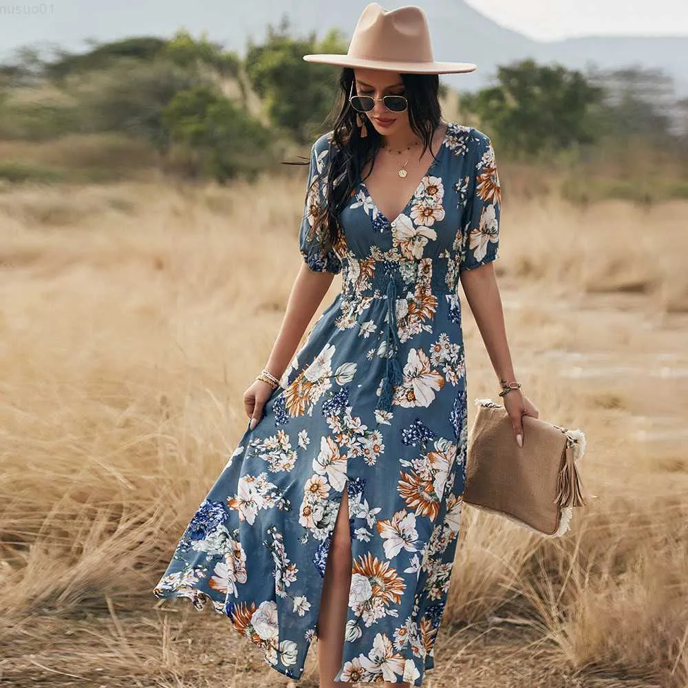 Urban Sexy Dresses Short Sleeve Maxi Split Dress Summer 2021 Beach Boho Print Sexy V-Neck Floral Long Dresses Women Casual Loose Party Elegant Robe L230711