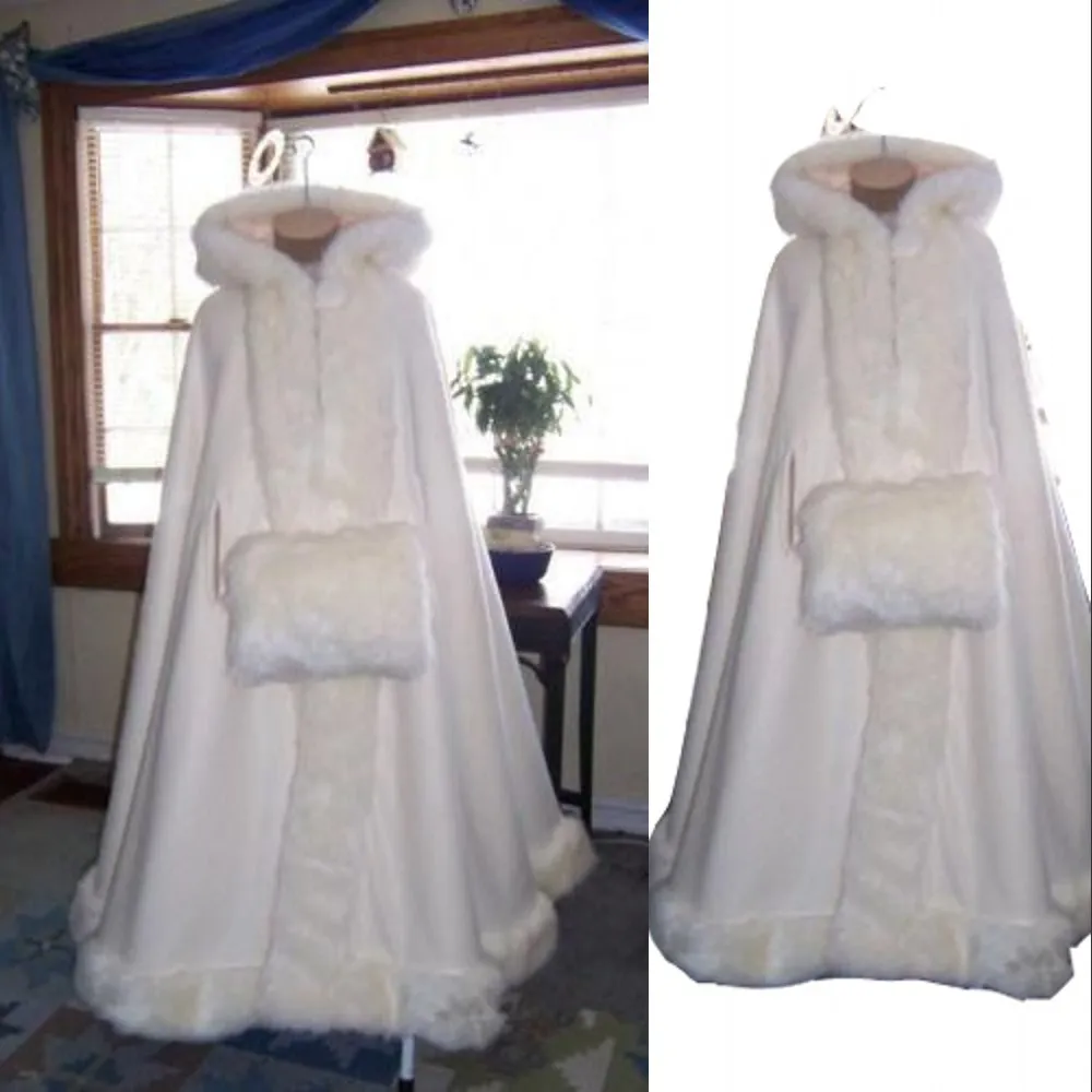 Romantik Sıcak Satış Kapşonlu Gelin Cape Fildişi Beyaz Uzun Düğün Pelerinler Kış için Sahte Kürk Düğün Gelin Sargılar Gelin Pelerin