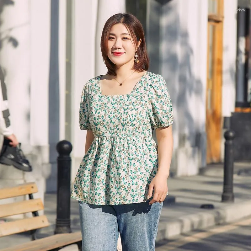 Women's Blouses Women Blouse 2023 Summer 6XL Oversized Korean Version Square Neck Fresh Large Top Fat Sister Flower Bubble Sleeve Shirt