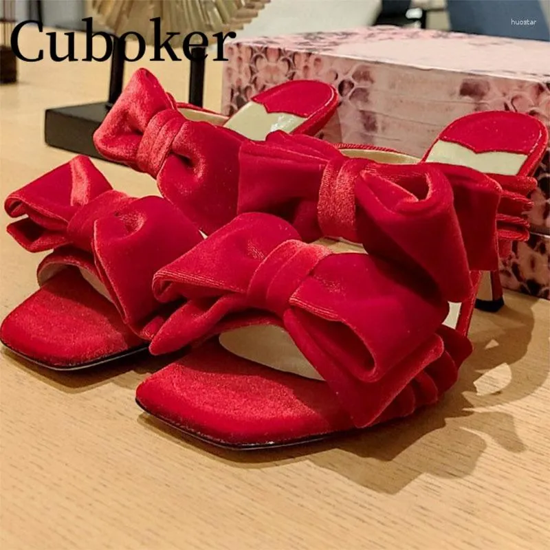 Sandals Open Toe High Heels Red Corduroy Slippers Women Bowknot Decor Slides Women's Slingback Summer Silk Elegant For