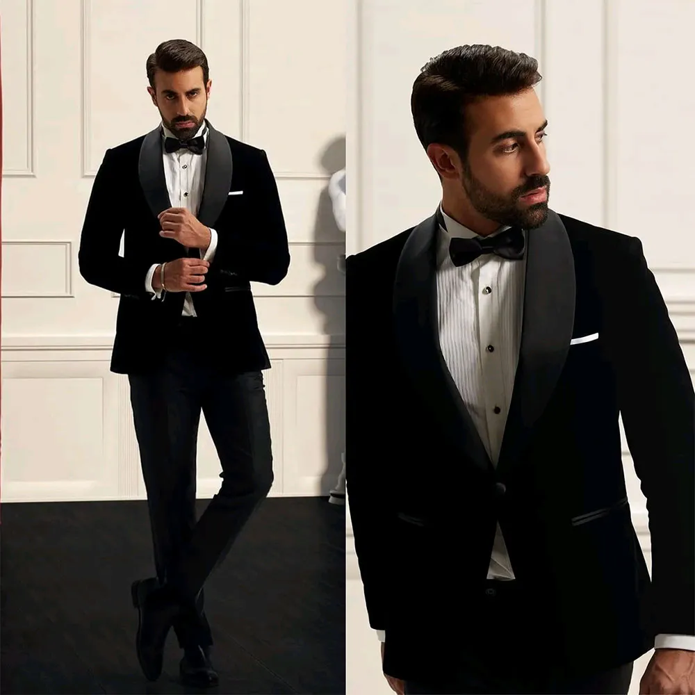 Black Velvet Wedding Tuxedos Slim Fit Men Suits Shawl Lapel Groom Wear Morning Bussiness Party Wear