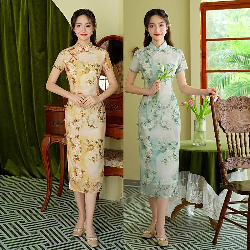 Etnische Kleding Oosterse Zomer Bloem Gedrukt Korte Mouw Cheongsam Jurk Chinese Vrouwen Mandarijn Kraag Qipao