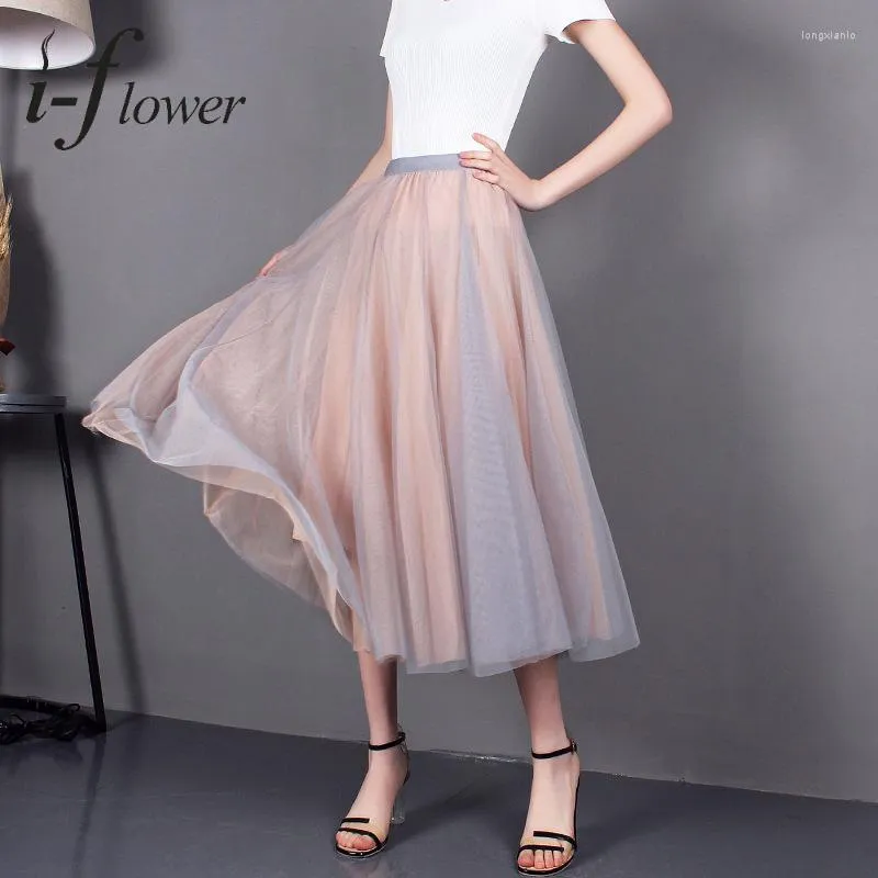 Jupes été femmes 2023 élastique taille haute Jupe grande balançoire une ligne Tulle Midi maille Tutu Jupe Longue Femme mode coréenne