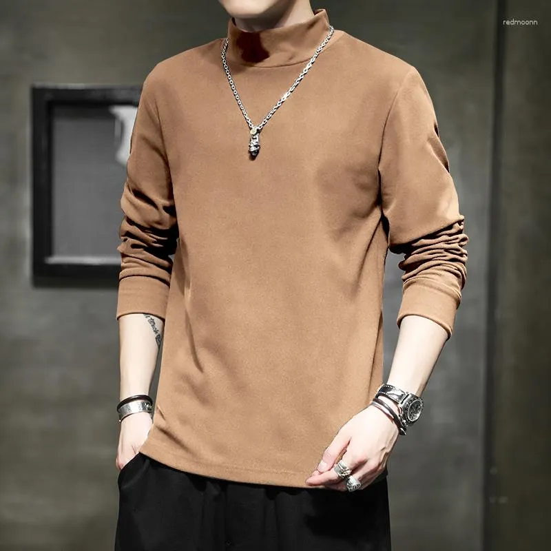 Men's T Shirts 2023 Winter Mens Pure Color Turtleneck Long Sleeved T-Shirt For Male Warm Plush Tee Shirt Men Clothing Tees Camisetas