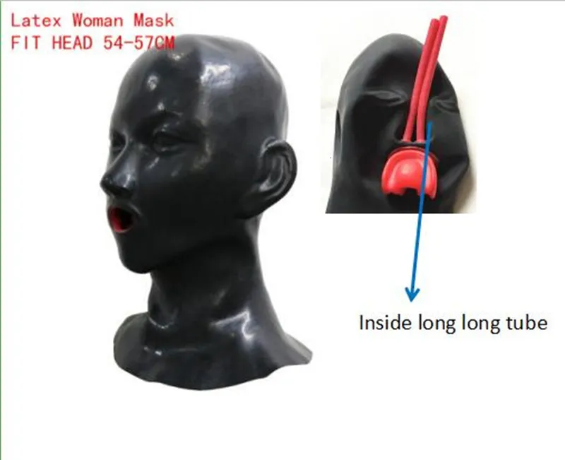 Sex Toys For Couples 3D latex human hood mask closed eyes fetish hood with red mouth sheath tongue nose tube 230710