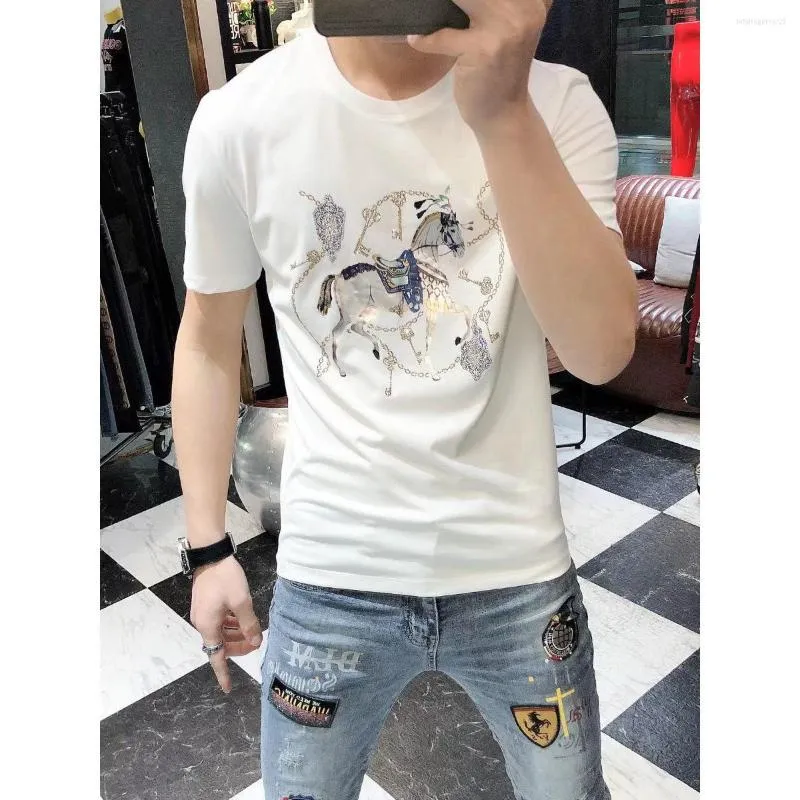 Camisetas masculinas 2023 camiseta de manga curta com estampa de diamante estação europeia verão gola redonda forro semi-ajuste