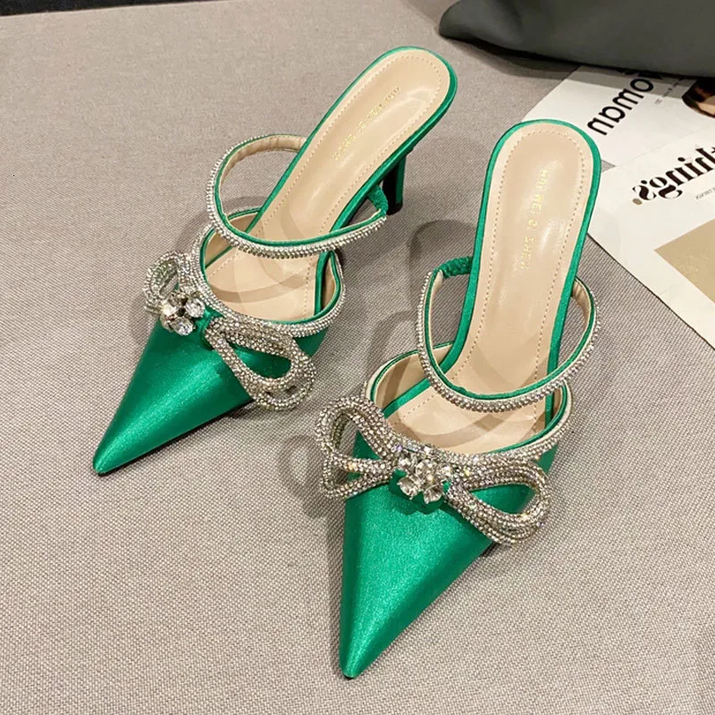 Dress Shoes Glitter Rhinstones Women Pumps Mules Crystal Bowknot Green Satin Summer Lady Shoes Stripper High Heels Party Prom Shoes 230711