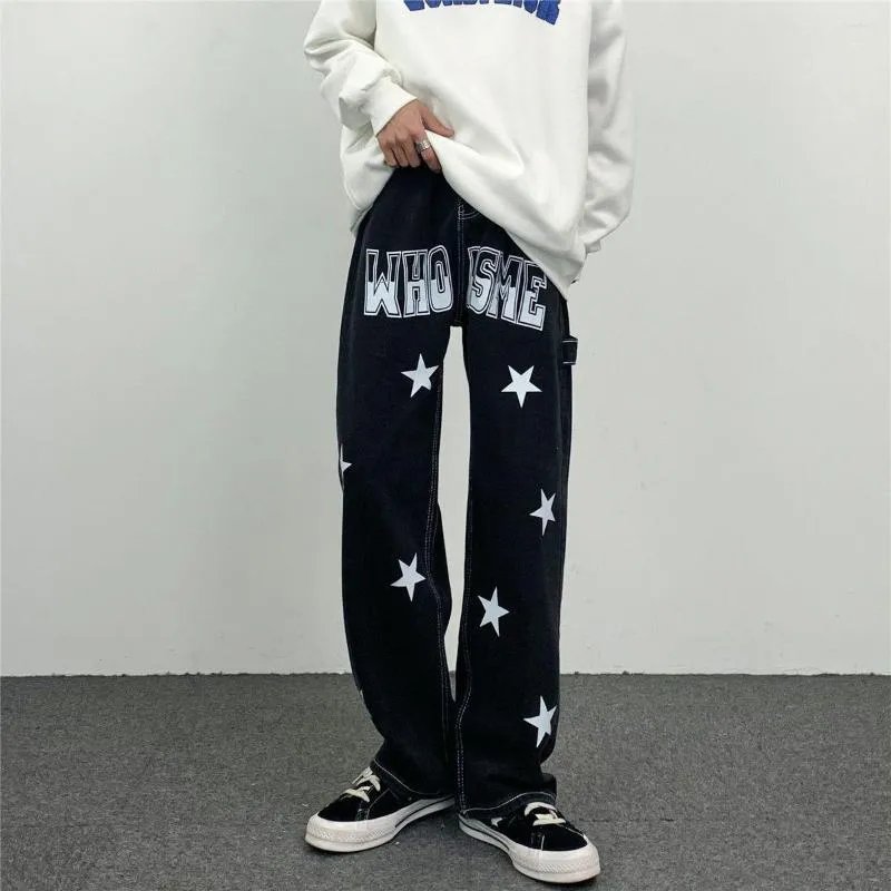 Los pantalones vaqueros de los hombres American Street Hip-Hop Trend Star Letter Print Straight Tube Wide Leg Casual Loose Fitting son versátiles