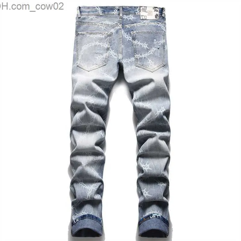 Męskie dżinsy Jean Homme Jeans Męskie odzież uliczna z nadrukiem Podarte spodnie dżinsowe Trend Markowe spodnie Casual Jednolity Rower Uszkodzone dziury Slim Fit Komfort Z230712