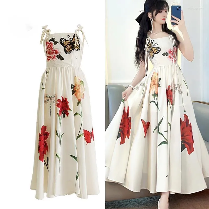 Casual Dresses Summer Butterfly Embroidery Lady Runway Quality Strap Cotton Linen Sundress A Line Party Elegant Midi Long Elbise Robes