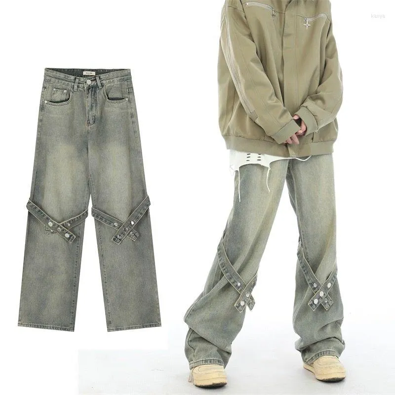 Pantaloni da uomo Pantaloni stile americano con cinturino largo Design Jeans Retro Casual High Street Abiti maschili lunghi a gamba larga