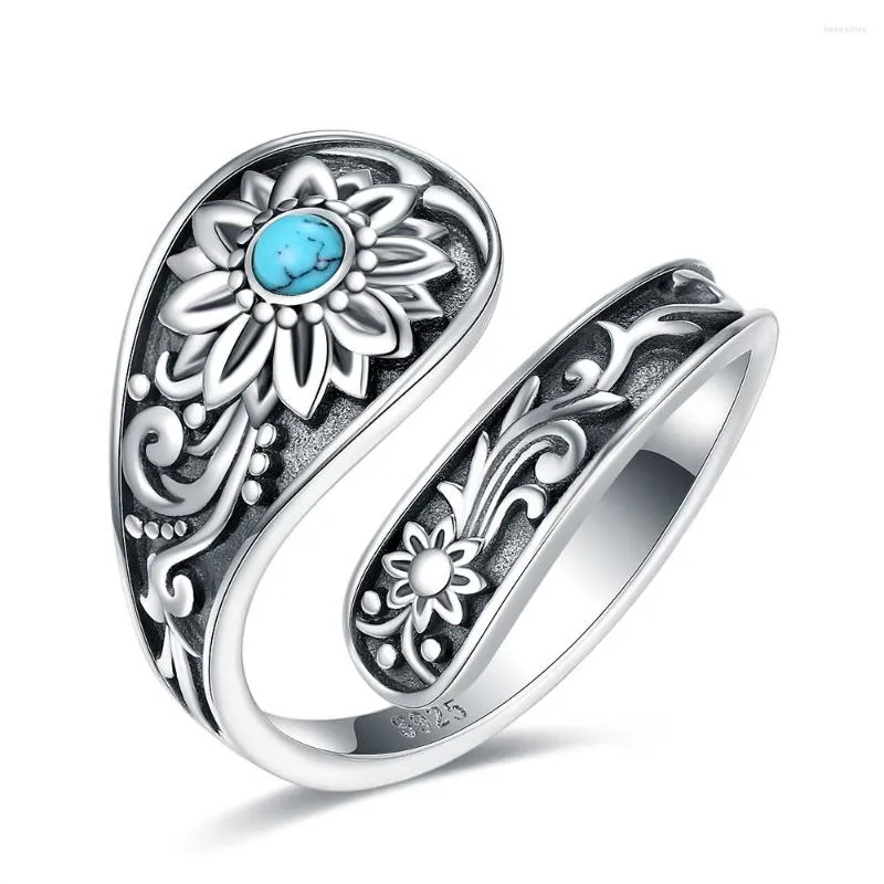 Cluster Rings XiaoJing 925 Sterling Silver Sunflower Spoon Turquoise Adjustable Boho Victorian Vintage Jewelry Gift For Women Girl