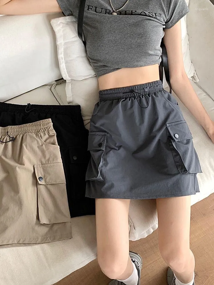 Saias ADAgirl Y2k Cargo Black Skirt Elastic Wasit Drawstring Mini Women Summer High Street Wear Hippie Pockets Short Dress 2023