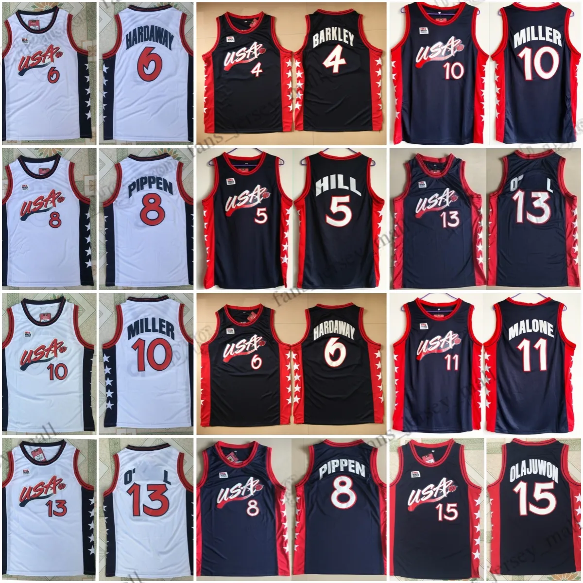 1996 Retro Jersey Basketbol Formaları Olajuwon Barkley Hill Malone Pippen Hardaway Dikişli Gömlek Erkekler XS-2XL