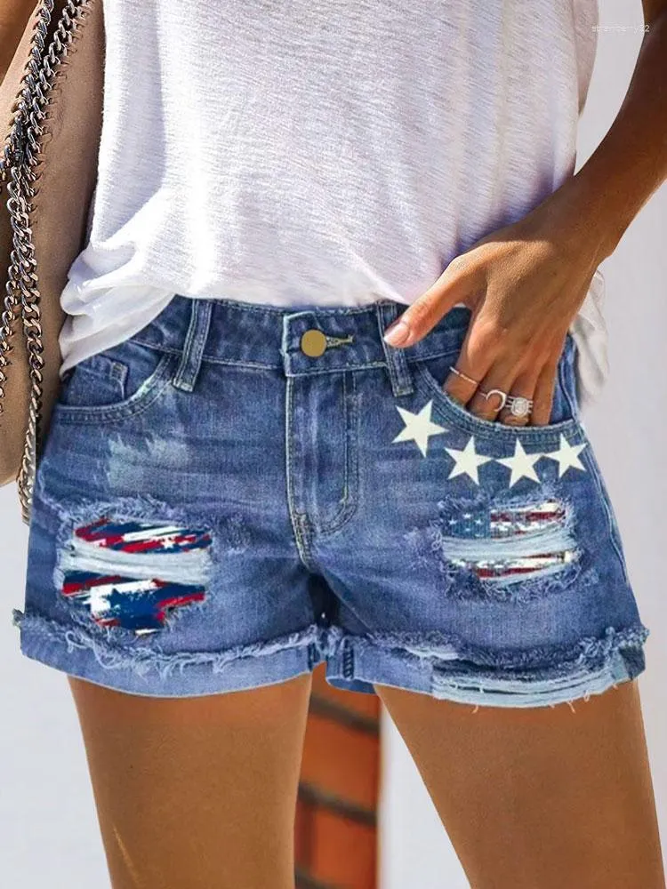 Shorts Feminino Moda Feminino Rasgado Enrolado Bandeira Americana Estrela Denim Desfiado Buraco Verão Casual Calça Jeans Feminina