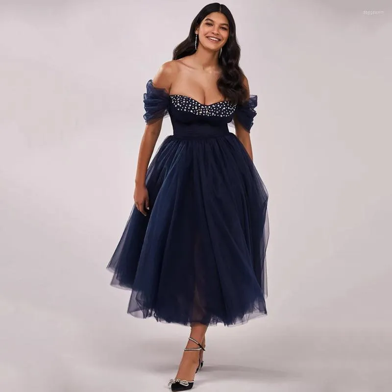 Party Dresses Cute Off Shoulder Navy Cocktail A-line Tulle Short Gown Custom Made Lilac Prom Dress With Crystals