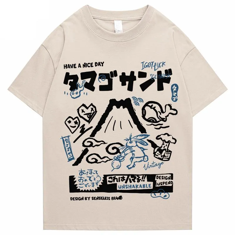 Плащи, мужская футболка, уличная одежда, японский кандзи, мультфильм Vocano Rabbit, футболка с рисунком Haruku, лето 2023, хлопковая футболка, топы в стиле хип-хоп, футболки