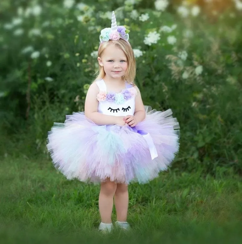 Mädchenkleider Baby Mädchen Pastell Einhorn Tutu Kleid Kinder Häkelblume Tüll Kleid mit Haarschleife Kinder Geburtstag Party Kostüm Cartoon Kleid 230712