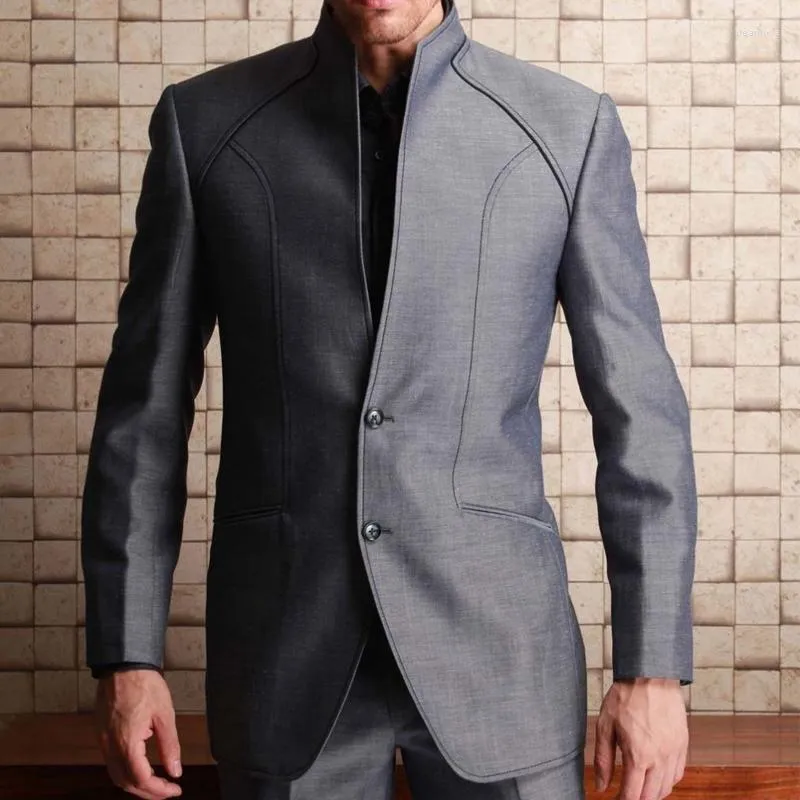 Trajes de hombre, túnica de 2 piezas para hombre con cuello levantado, esmoquin de boda personalizado para novio, traje de moda gris para hombre de negocios, chaqueta y pantalones