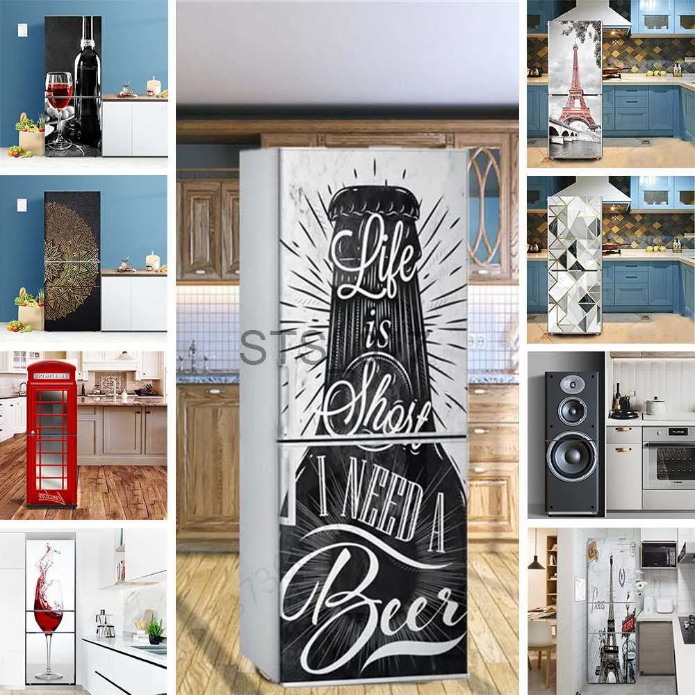 Other Decorative Stickers Abstract Line Fridge Stickers Adhesive Full Door Cover for Refrigerator Wine Cabinet Door Wallpaper Murals Art Decor Removable x0712