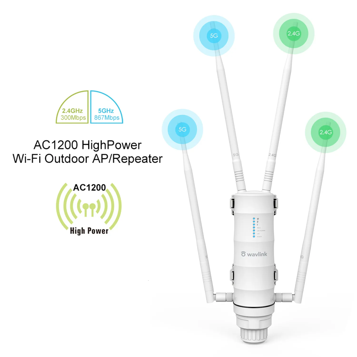 Outdoor WiFi Extender, AX1800 Dual Band Long Range Outdoor Wireless Access  Point with 1000Mbps WAN/LAN Port, PoE Powered, Weatherproof, 4x8dBi