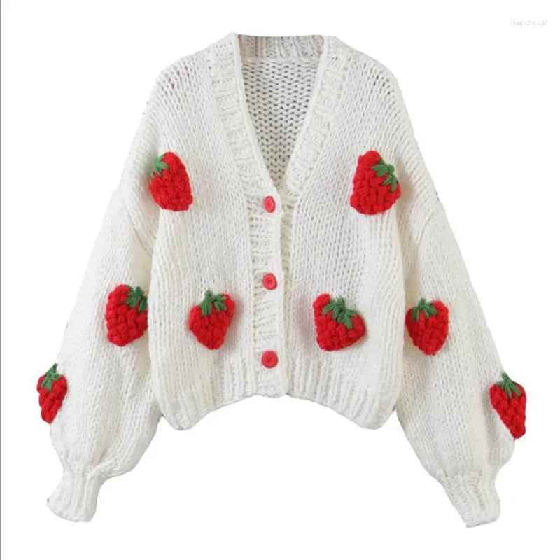 Damstickor JMPRS Söt Strawberry Cardigan Sweater Dam Höst 2023 Lös Mode V-hals Hand 3D Stickning Dam Jumper Casual Damrockar