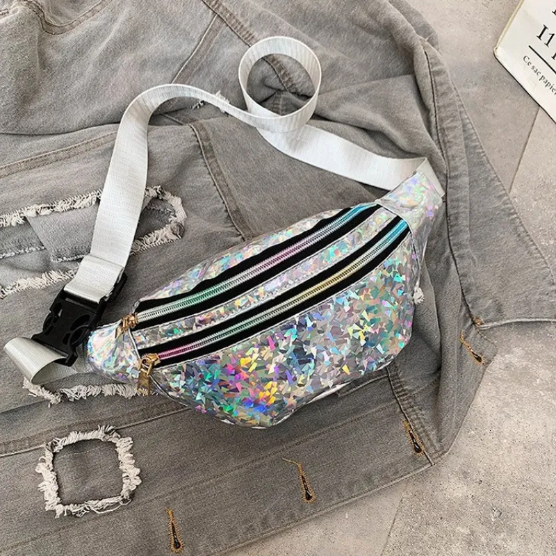 Midjeväskor Holografiska Fanny Pack Hologramväska Laser PU Strandresor Banan Hip Bum Zip Dam Flicka Bröst 230711