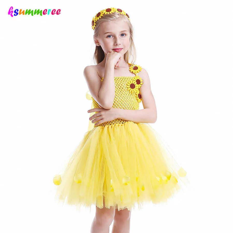 Vestidos para meninas bebê meninas girassóis verão tutu vestido com arco de cabelo crianças princesa floral tule traje crianças presente de aniversário feriado robeHKD230712