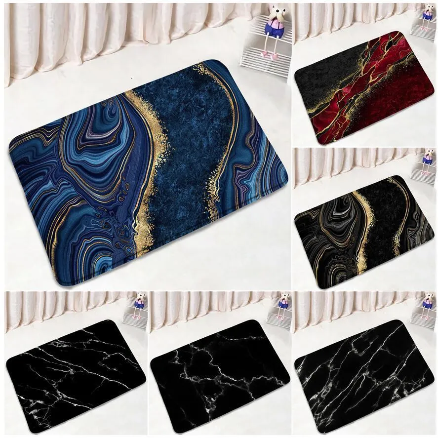 Bath Mats Abstract Marble Bath Mats Blue Gold Black Textured Geometric Pattern Room Carpet Home Bathroom Decor Non-Slip Floor Rug Doormat 230711