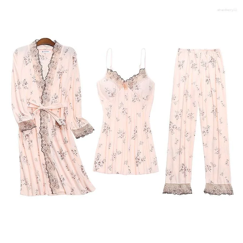 Damska bielizna nocna 3 sztuk seksowna koronkowa bielizna bawełniana piżama zestaw dla kobiet 2023 jesień koreański szaty z długim rękawem Homewear Pijama Mujer ubrania