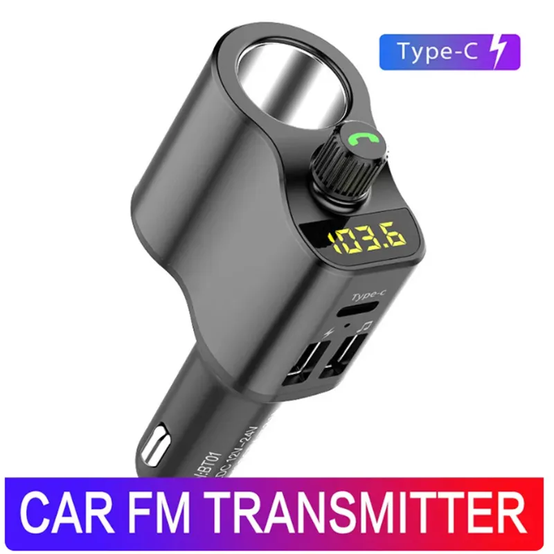 Konrisa Car Bluetooth FM Transmitter Type-C Cigarette Lighter Socket Dual USB Port Handsfree Car Kit Music Player Support U-disk