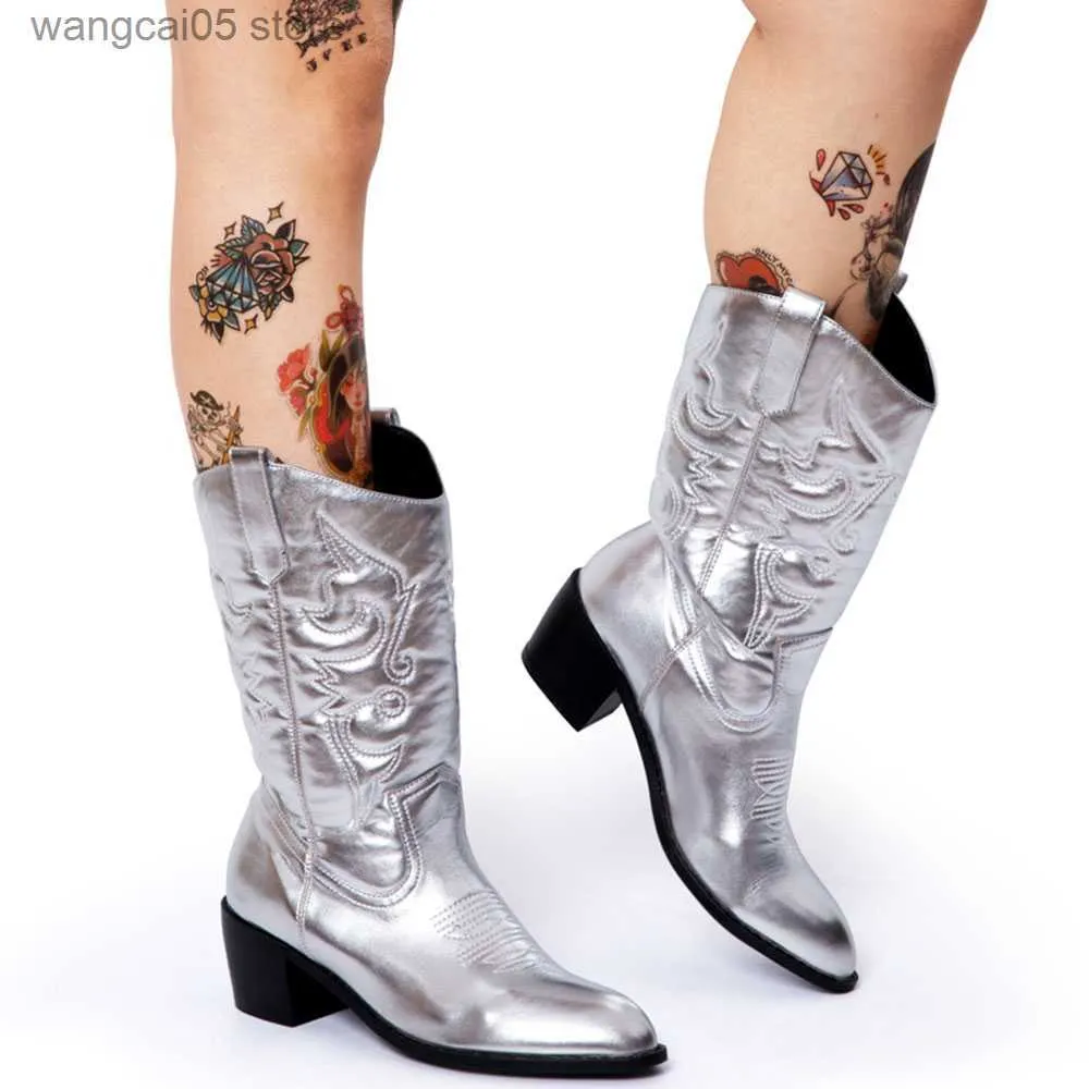 Stiefel Damen Cowboystiefel Silber Slip On Mittelkalb Stiefel Metallic Brand Design Emboidery Casual Cowgirls Herbst Winter Schuhe T230712