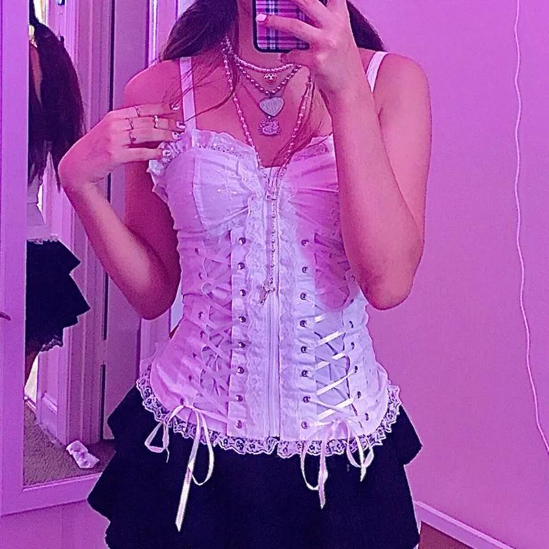 Camis Egirl Grunge Kawaii Corset Top Zipper White Lace Trim Bandage Slim Fit Croped Top Gothic Emo Alt Clothes Women