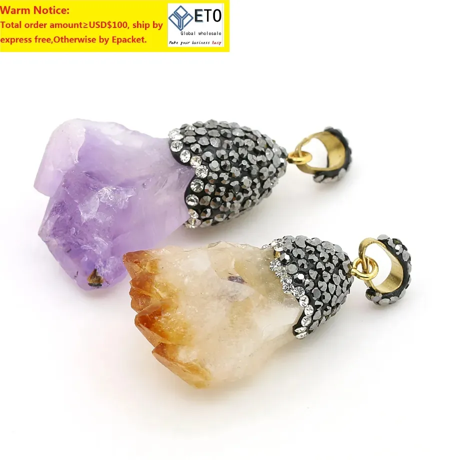 CSJA New Irregular Natural Healing Gem Stone Arancione Viola Cristalli Gradiente Rame Strass Gioielli Donna Collana Pendente