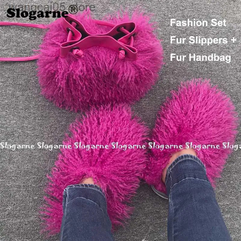 Slippers Women's Fashion Sets Fur Slippers Fur Handbags Woman Luxury Faux Fur Set Slides Furry Bag Purse Wallet Indoor Shoes Plus Size T230712