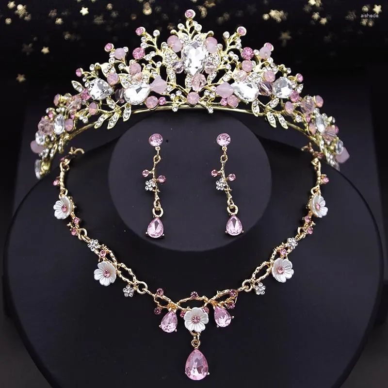 Halsband Örhängen Set Rosa Kronbrud Prinsessan Bröllop Tiaror Blomster Choker Brudörhänge Kostymtillbehör