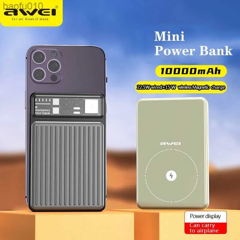 Awei P186K Mini Magnetic Power Bank 10000mAh Trådlös Snabbladdning Bärbart Externt Batteri Mobiltelefon MacSafe Powerbank L230712