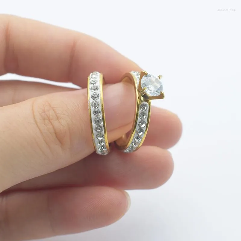 Anneaux de mariage Est or couleur une paire ensemble de fiançailles pour les femmes romantique incrustation strass dame Zircon bijoux