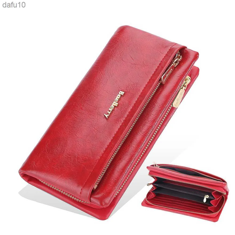 レディース財布大容量長財布ジッパーコインポケット付き女性のための高品質レッドソフトレザー財布レディースクラッチ財布 L230704