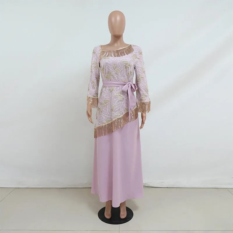 Elegant Abaya Dress with 3/4 Sleeves, Embroidery, Sequins, and Tassel Detail