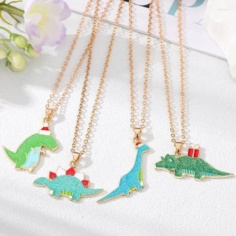 Pendant Necklaces Cute Christmas Hat Dinosaur Animal Couple Necklace For Women Men Friend Bling Metal Clavicle Chains Party Gift Jewelry