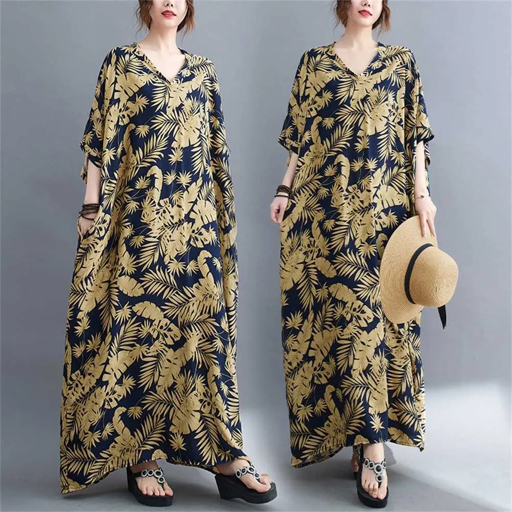 Sommer Neue Baumwolle Seide Druck V-ausschnitt Lose Große Einfache Urlaub Stil Langes Kleid frauen Strand Rockfmxx