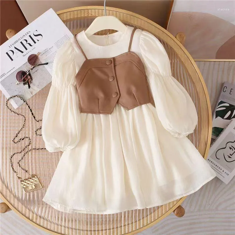 Abiti casual Primavera Autunno Abiti per bambini Gilet per ragazza Manica lunga 2 pezzi Bambini Vestito da principessa carino Vestido in chiffon per bambini