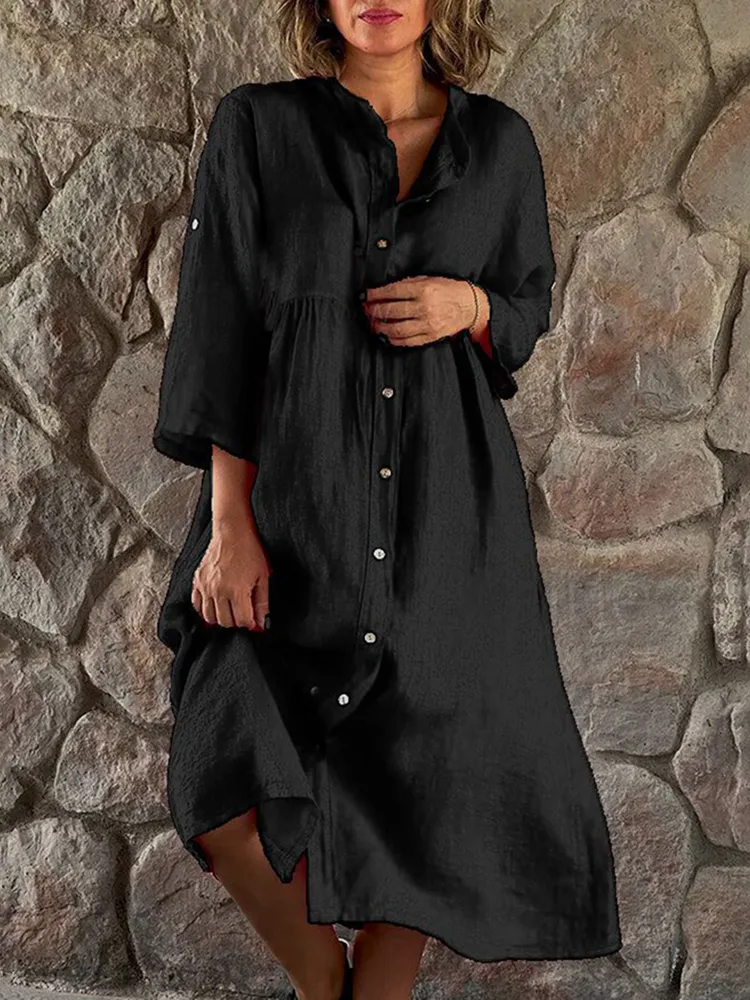 Product Title: Sexy Dresse Cotton Linen Dress Summer Vintage Casual Loose Button Up Midi Dresses Robe Female Elegant Solid Long Sleeve ShirtColor: Product Title: Sexy Dresse Cotton Linen Dress Summer Vintage Casual Loose Button Up Midi Dresses Robe Female Elegant Solid Long Sleeve ShirtColor: