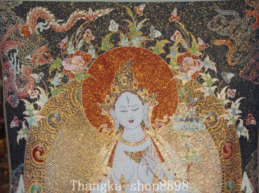 Tibet Budizm'in Yedi Gözlü Beyaz Tara Buddha Thangka İpek Asma Resimleri ve Zarif Dekorasyonları Toplamaya Değer