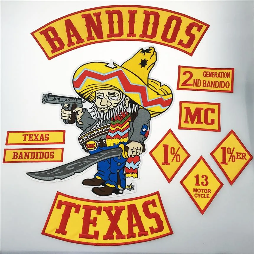 10 pezzi / set BANDIDOS TEXAS MC Patch ricamato Iron-On Full Back Size Jacket Vest Motorcycle Biker Patch 1% Patch Shi300L