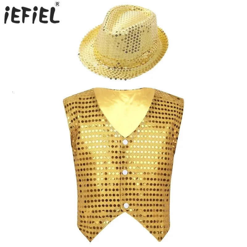 Waistcoat Kids Boys Glittery Sequined Sleeveless Vest with Hat for Jazz Modern Latin Dancing Stage Performance Dance Costumes l230711